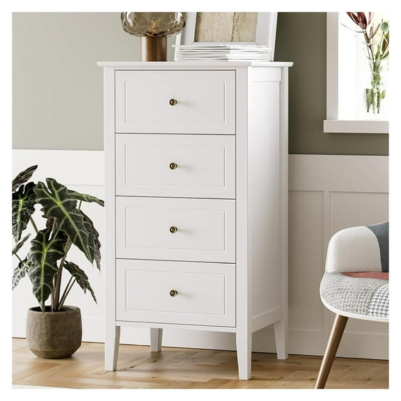 4 Drawer Dresser, White Wood Chest of Drawers - Tall Storage Cabinet for Bedroom, Living Room, Entryway - Modern Farmhouse Style 15.7"D x 19.7"W x 37.4"H (4 Drawers)