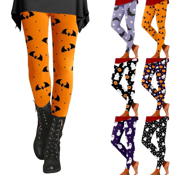 Hkoxplj Halloween Leggings for Women Cotton Blend High Waist Printed Leggings Bat Ghost Pumpkin Funny Novelty Casual Workout Stretch Pants Festival Party Tights All Season Athletic Leggings