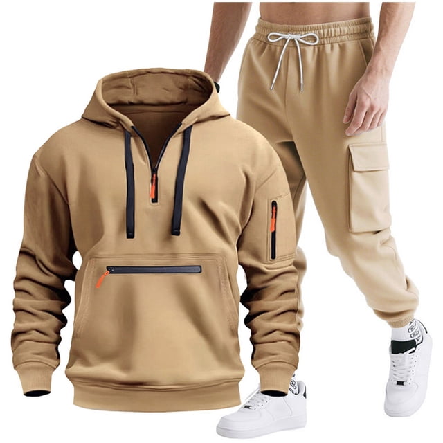 Ohufall Mens 2 Piece Outfits Sweatsuit Half Zip Fleece Long Sleeve Track Suits 2 Piece Joggers Set Winter Solid Workout Sweat Set Running Joggers