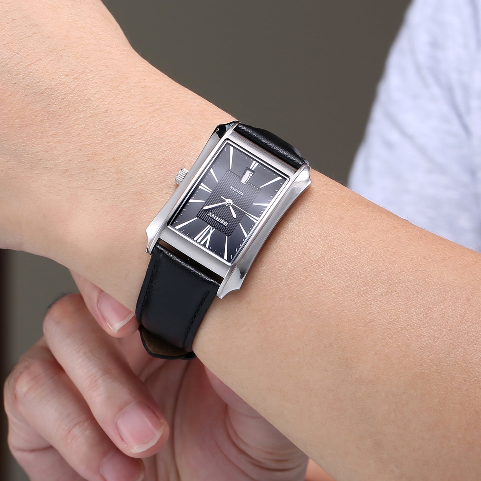 BERNY Men's Leather Watch, Vintage Stainless Steel Rectangular Case Roman Dial Dress Analog Watch with Date Calendar, Waterproof, Classic Business Quartz Wrist Watches for Men (Black)