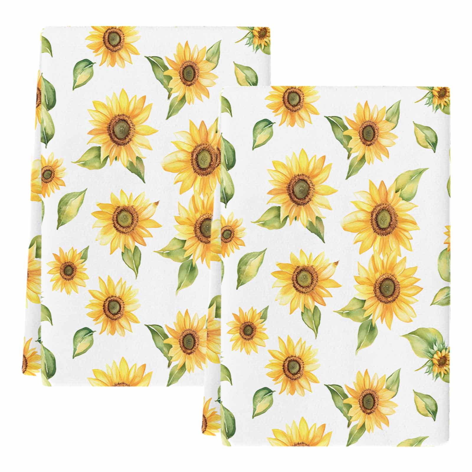 Summer Sunflowers Kitchen Towels Set of 2, Watercolor Botanical Floral Leaves Absorbent Dish Towels for Kitchen, Microfiber Hand Towel, Quick Drying Tea Towel for Cleaning Decorative Dishcloths
