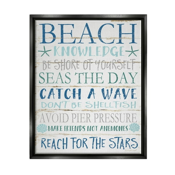 Stupell Industries Beach Knowledge Blue Aqua and White Planked Look Sign Jet Black Framed Floating Canvas Wall Art, 16x20, by Jennifer Pugh