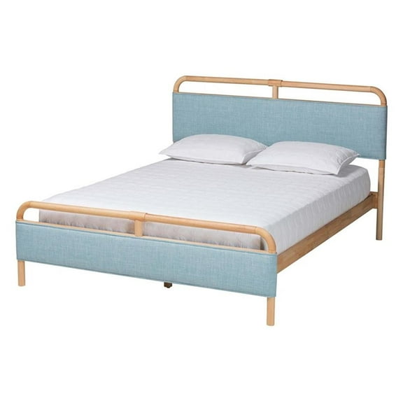 Baxton Studio Mateo Baby Blue Fabric and Natural Wood Queen Size Platform Bed