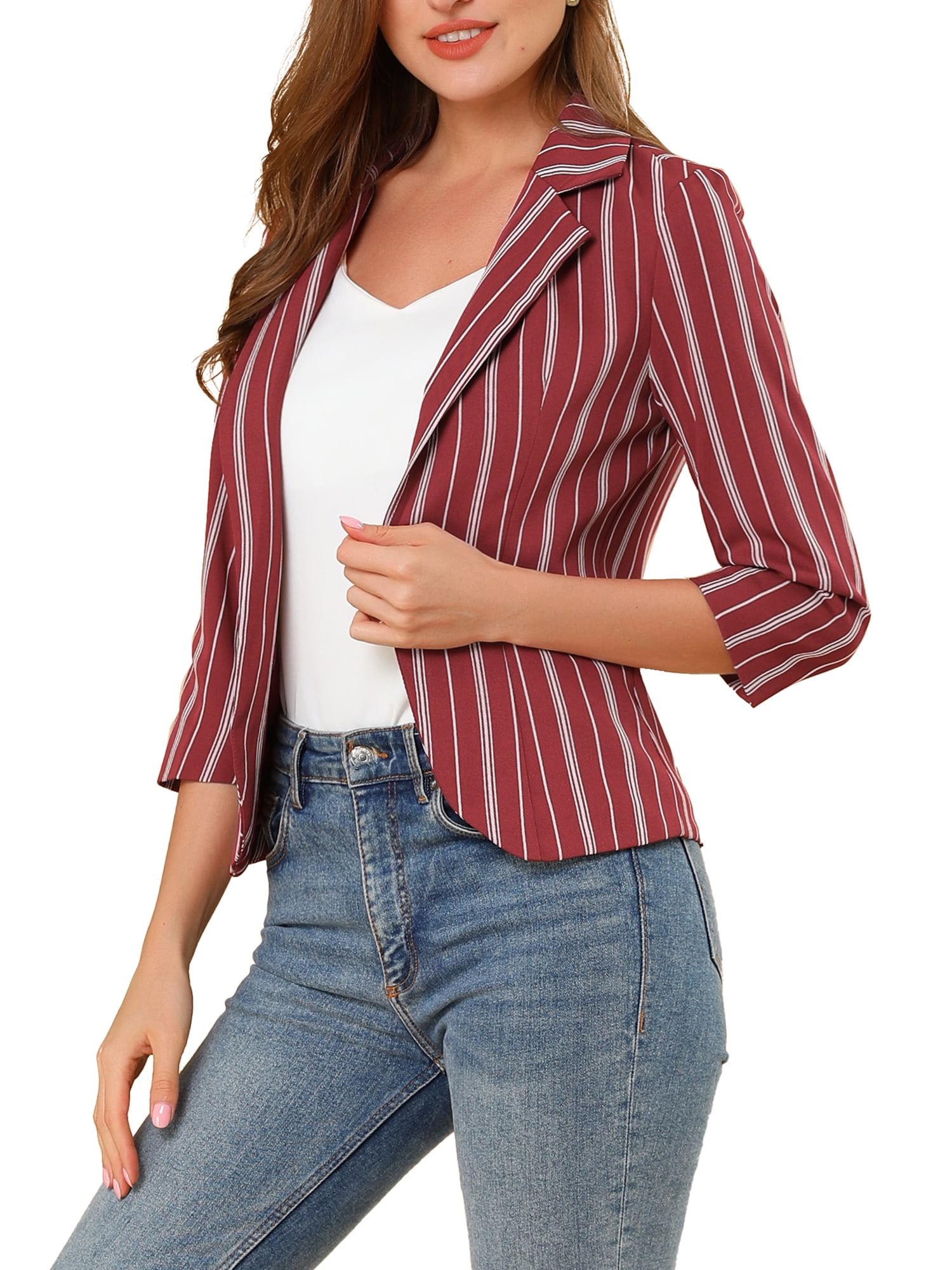 DARING DIVA Women's Striped Open Front Notched Lapel Blazer XS Red