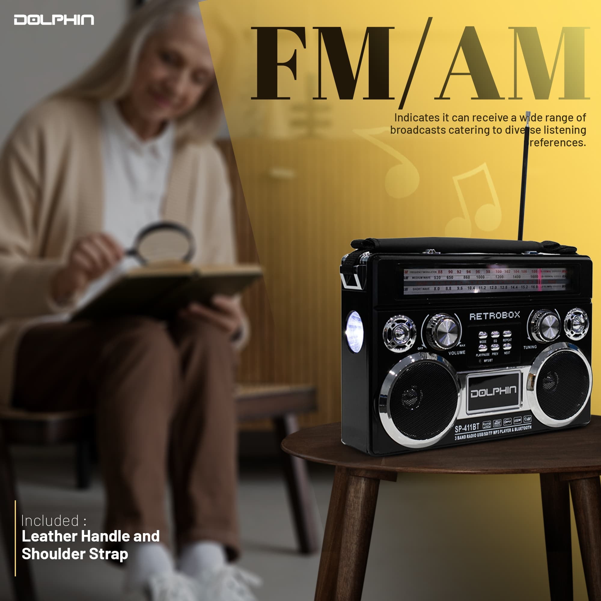 Dolphin Retro Bluetooth Radio with AM/FM/SW, Rechargeable Battery