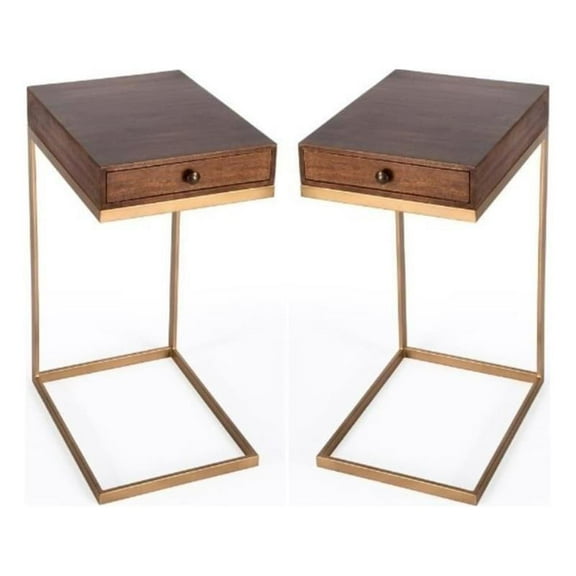Home Square 1 Drawer Iron C Shaped End Table in Walnut and Gold - Set of 2