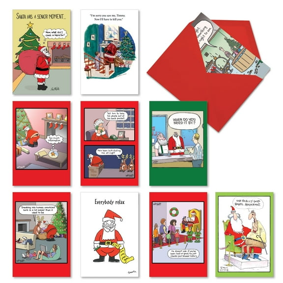 NobleWorks 10 Assorted Box Set Funny Christmas Greeting Cards w/5 x 7 Inch Envelopes (10 Designs, 1 Each) Santa Gags AC10705XSG-B1x10
