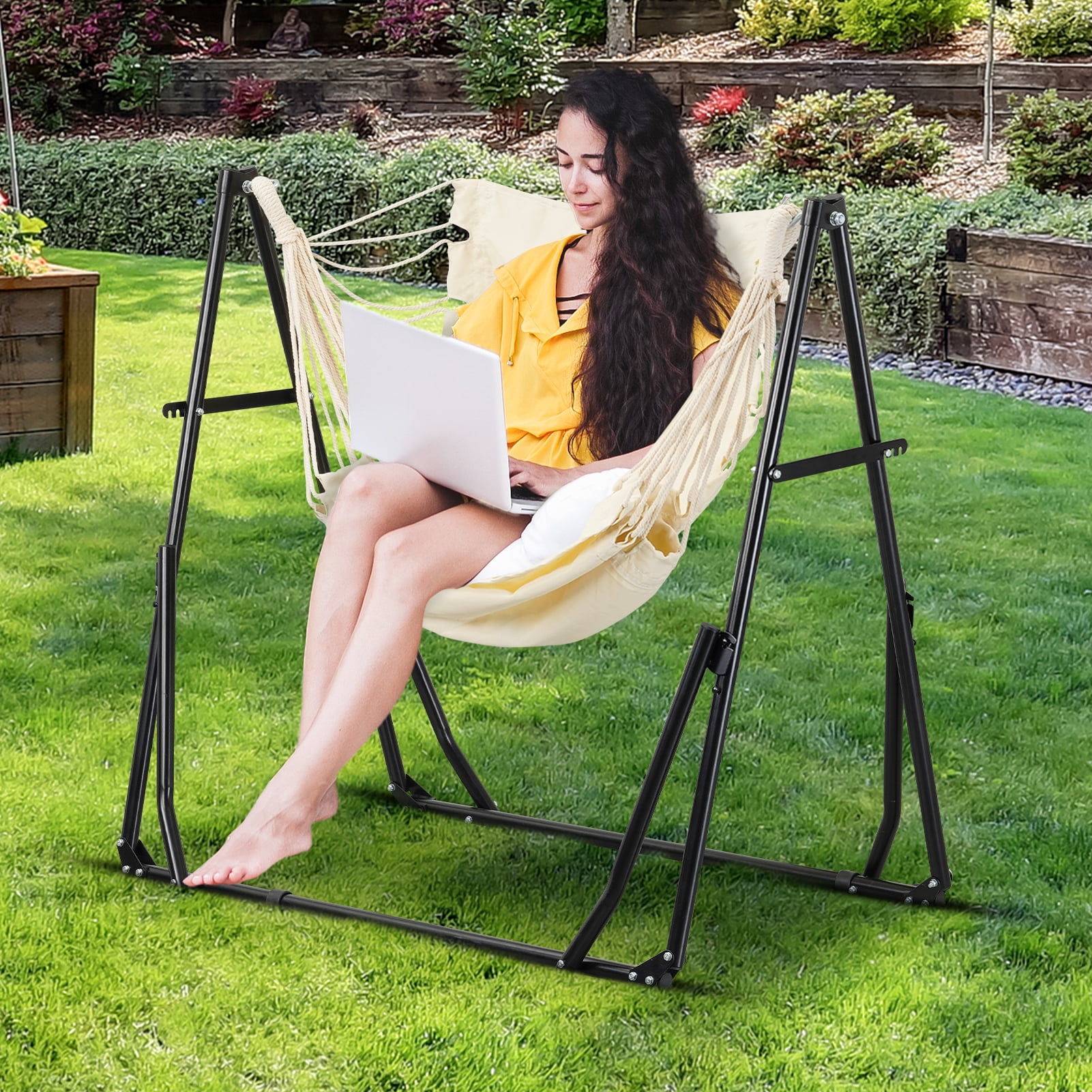 Autlaycil Outdoor Hammock Swing Chair with Stand, 2 in 1 Hammock Hanging Chairs with Portable Heavy Duty Stand, Multi-Functional Hammock Stand 480 lbs Weight, Beige