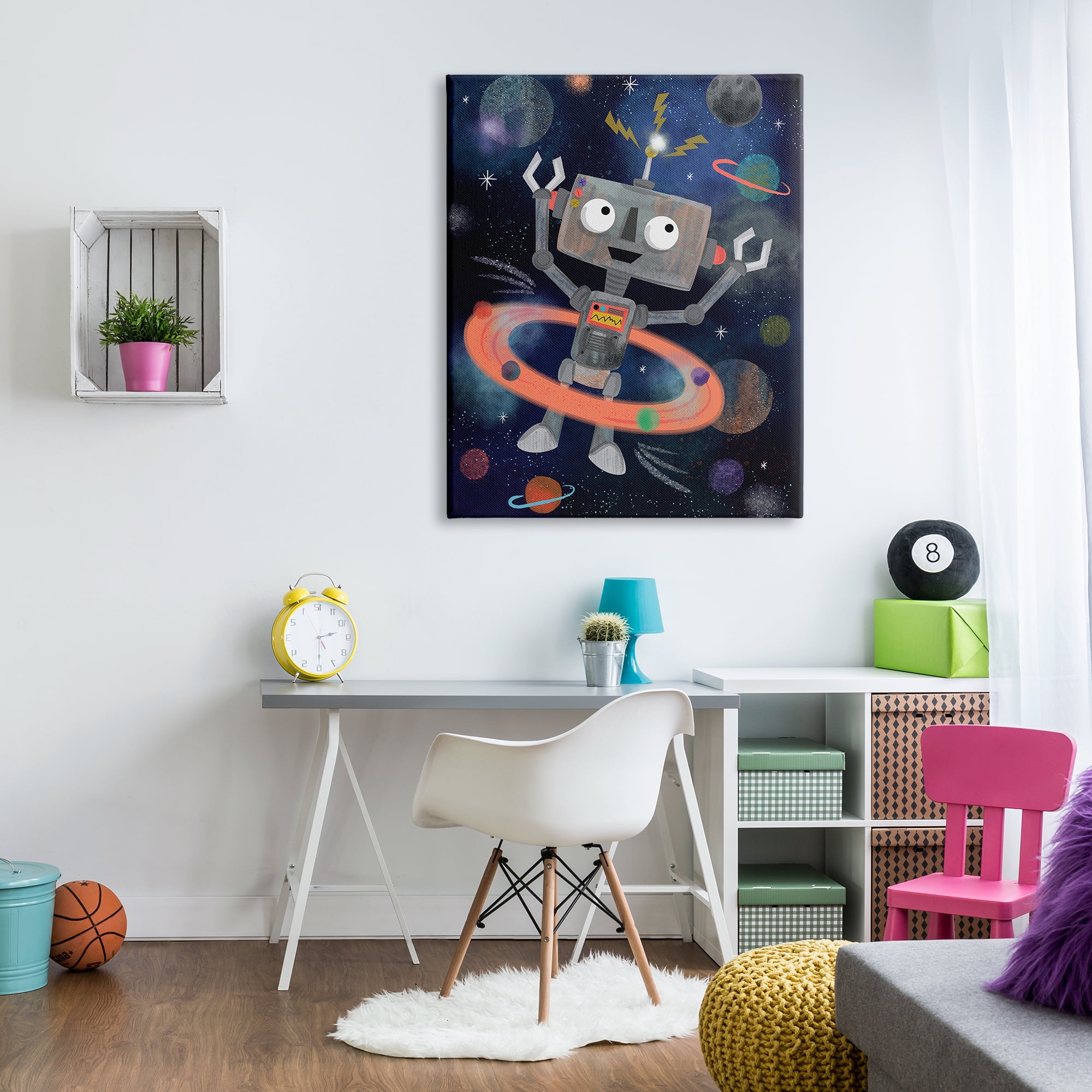 Stupell Industries Quirky Robot Outer Space Universe Surrounding Planets Graphic Art Gallery Wrapped Canvas Print Wall Art, Design by Lisa Whitebutton