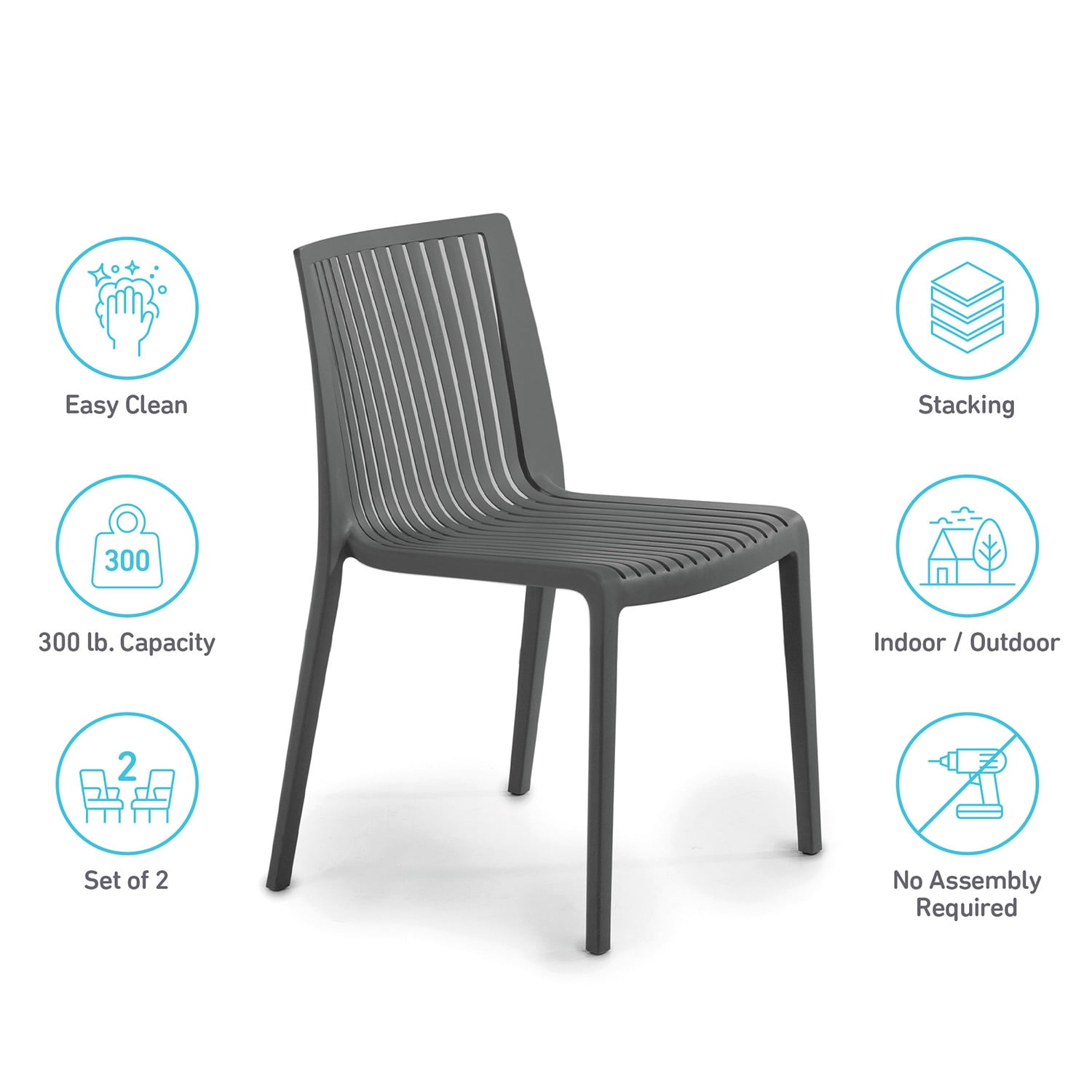 WRGHOME Ravenna Modern Outdoor/Indoor Plastic Resin Stacking Patio Dining Chairs  (Set of 2) - ANTHRACITE