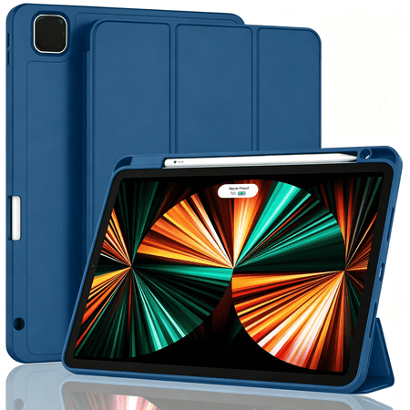 HBMYN New Ipad Pro 12.9 Inch Case 2022\\/2021\\/2020(6Th\\/5Th\\/4Th Gen) with Pencil Holder,Smart Ipad Case [Support Touch Id and Auto Wake\\/Sleep] with Auto 2Nd Gen Pencil Charging (Navy Blue)