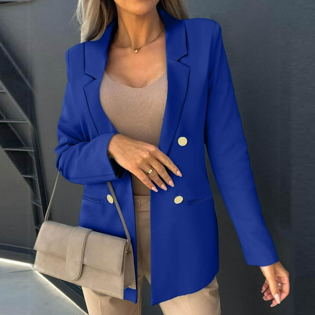 YUTK Womens Coats and Jackets Plus Size,Women's Summer Fashion Solid Color Slim Long Sleeve Double Breasted Suit Small Jacket(Blue,3Xl)