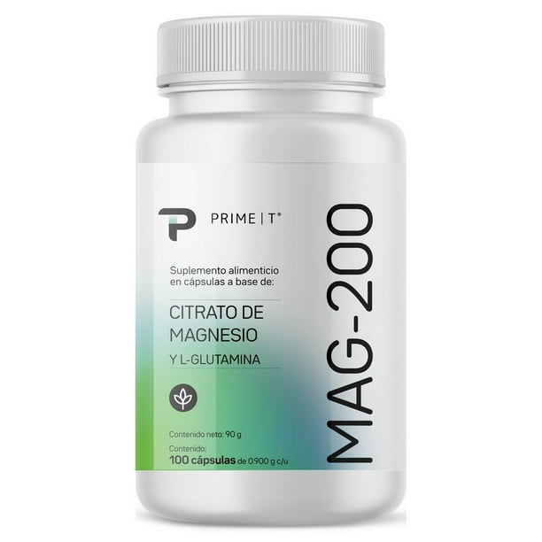 Primetech Citrato de Magnesio MAG 200, suplemento con 100 cápsulas de 200mg de Magnesio. Mineral de alta pureza y absorción para funciones corporales