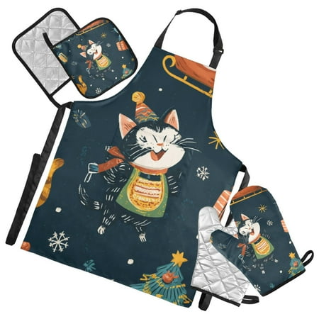 Hand Painted Cats Christmas Party Apron Set with Oven Mitts Pot Holders Set of 5 Kitchen Stuff Accessories