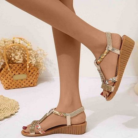 

DAETIROS Girls Sandals- Home Holiday Leisure Rome Fish Mouth Rhinestones Fashion Bohemian Womens Sandals Gold Size 7