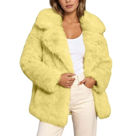 IWRICH Women's Fluffy Jacket Long Sleeve Lapel Furry Winter Jackets Shaggy Parka Short Coat Yellow XL