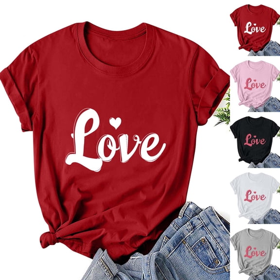 VKOYWKM Valentine's Day Heart T Shirts Romantic Love Graphic Tees Short Sleeve Casual Spring Tops Crew Neck Loose Fit Valentine T-Shirts