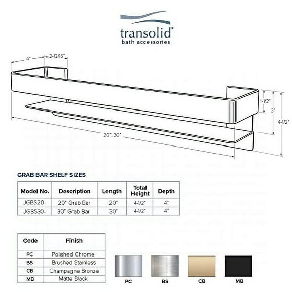 Transolid JGBS30-CB Jocelyn 30-in Grab Bar Shelf, Champagne Bronze
