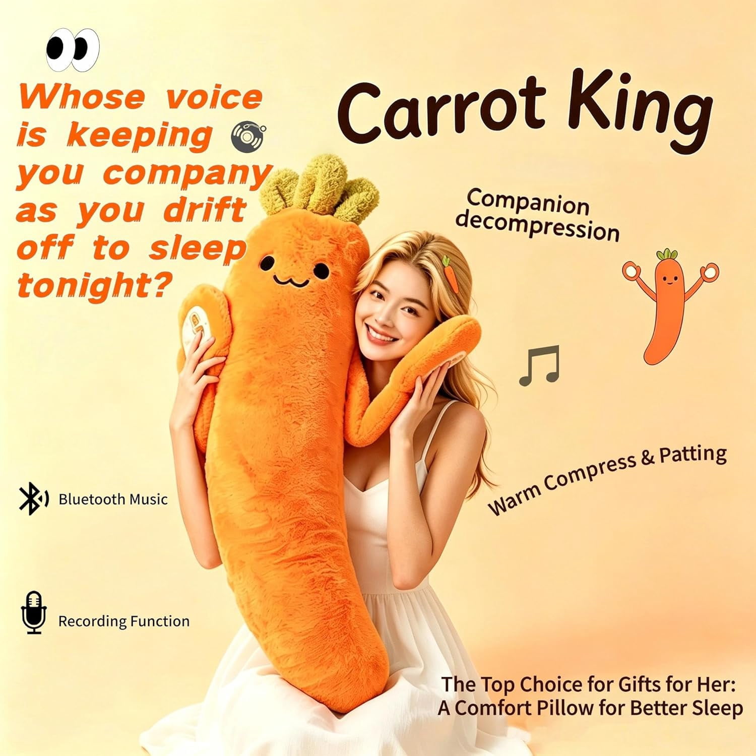 Hugging Patting Pillow for Adults, Carrot King Plush Buddy with Heating & Sleep Aid, Emotional Support Cuddle Soothe Tap Comfort Gift,patting,L