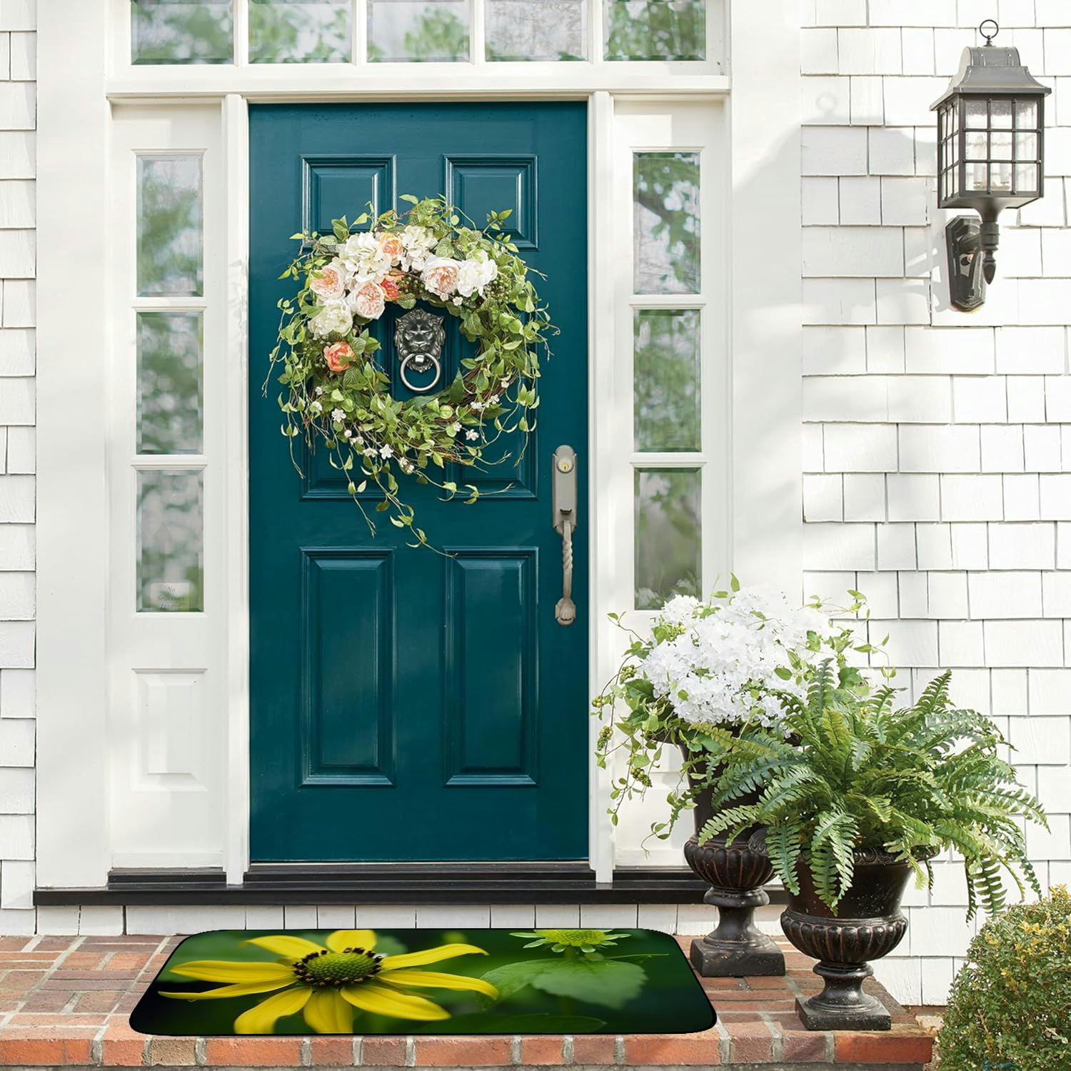 PHYHOO Decorative Door Mat, Door Mat with Non-Slip Rubber Backing, Easy Cleaning, Traps Dirt, Rug for Entry, Patio, Garage - Flower Bloom Yellow Bright Green Colorful Floral 19.68*47.24 in