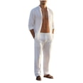 thumbnail image 2 of cllios Men 2 Piece Linen Outfit Beach Button Down Shirt Casual Loose Pants Sets Solid Color Lightweight Comfort Summer Outfits for Vacation White XL, 2 of 8