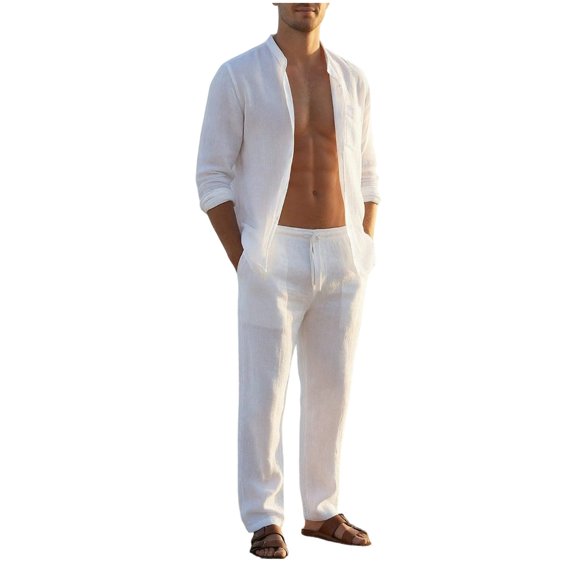 QSAWXQZ Men's Linen 2PC Outfits Set Stand Collar Long Sleeves Button Down Shirt Elastic Waist Straight Leg Pants with Pockets Beach Loungewear for Vacation 2XL