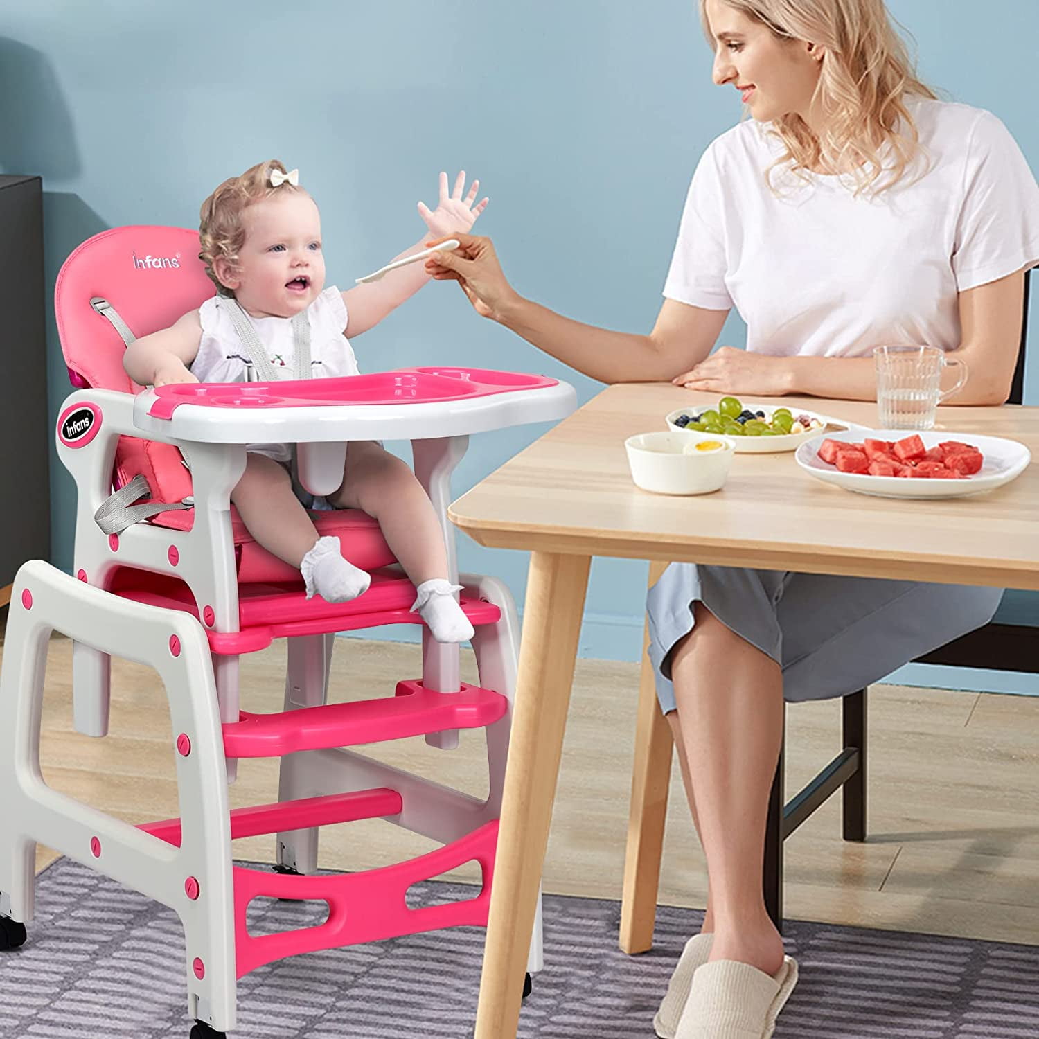 Infans 5-in-1 Convertible Baby High Chair with Adjustable Tray, Pink photo 8