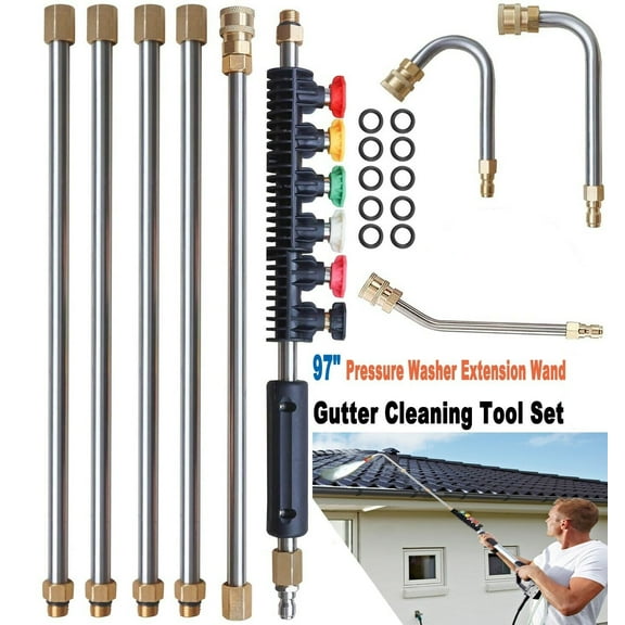iMeshbean 97 Inch Pressure Washer Gutter Cleaning Tool Set Extension Wand 1/4" Quick Connect 4000 PSI Power Washer with 6 Spray Nozzle Tips, 30° Curved Rod, High Reach