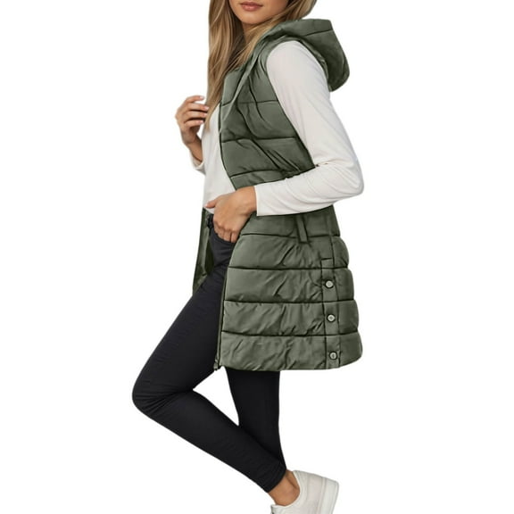Womens Long Puffer Vest Fall Winter Trendy Zip Up Sleeveless Coat Down Jacket Quilted Hooded Warm Outerwear