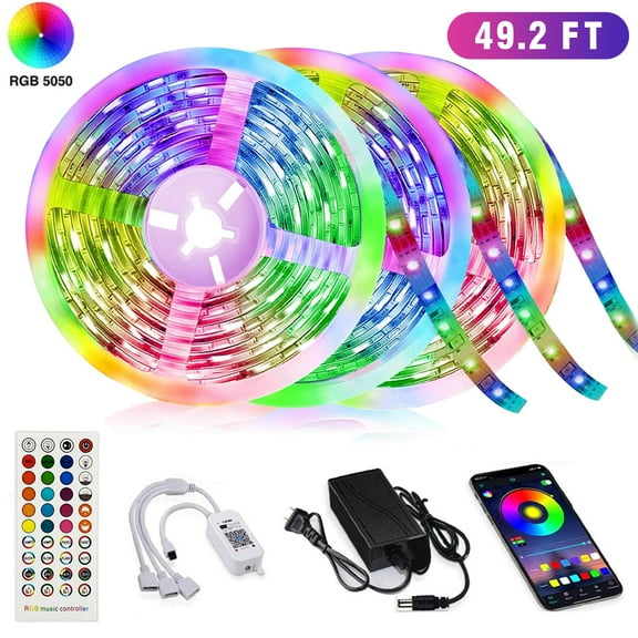 50Ft LED Strip Lights Music Sync Color Changing RGB LED Strip 44-Key Remote, Sensitive Built-in Mic, App Controlled LED Lights Rope Lights, 5050 RGB LED Light Strip