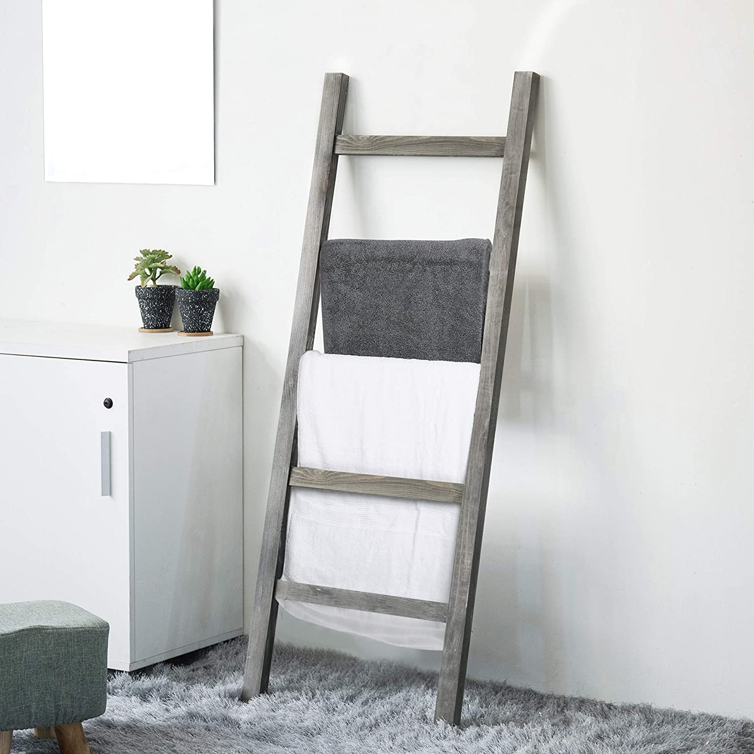 MyGift Rustic Wood Ladder Shelf, Blanket Storage Rack, Gray