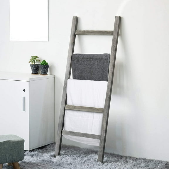 MyGift Rustic Wood Ladder Shelf, Blanket Storage Rack, Gray