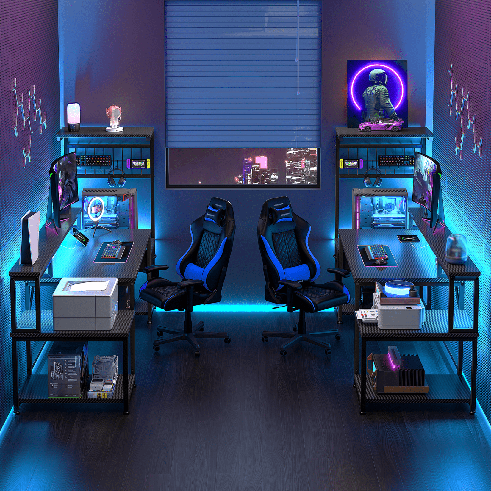 Romorgniz 63"W Gaming Desk Computer Desk with LED Lights & Outlets Corner Desk with Storage & Monitor Stand for Gaming,Studying,Home Office Desks,Black
