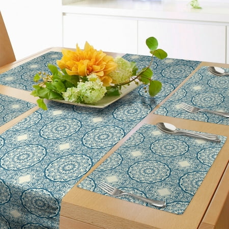 

Blue Mandala Table Runner & Placemats Repetitive Abstract Oriental Floral Inspired Intricate Motifs Pattern Set for Dining Table Placemat 4 pcs + Runner 12 x72 Ivory and Sea Blue by Ambesonne