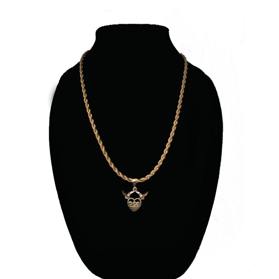 14k Bonded Gold Necklace with Saint Heart Wings Pendent, Best Christmas Unisex Gift for Women, Men Mother, Father, Girlfriend, Boyfriend, Her, Him, Rope Chain with Charm by Artisan Jeweler