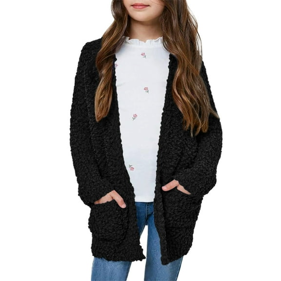 UQJfacai Girls Cardigan Kids Fuzzy Sherpa Long Sleeve Open Front Sweater Lightweight Soft Outerwear Coat with Pockets 5-14 Years