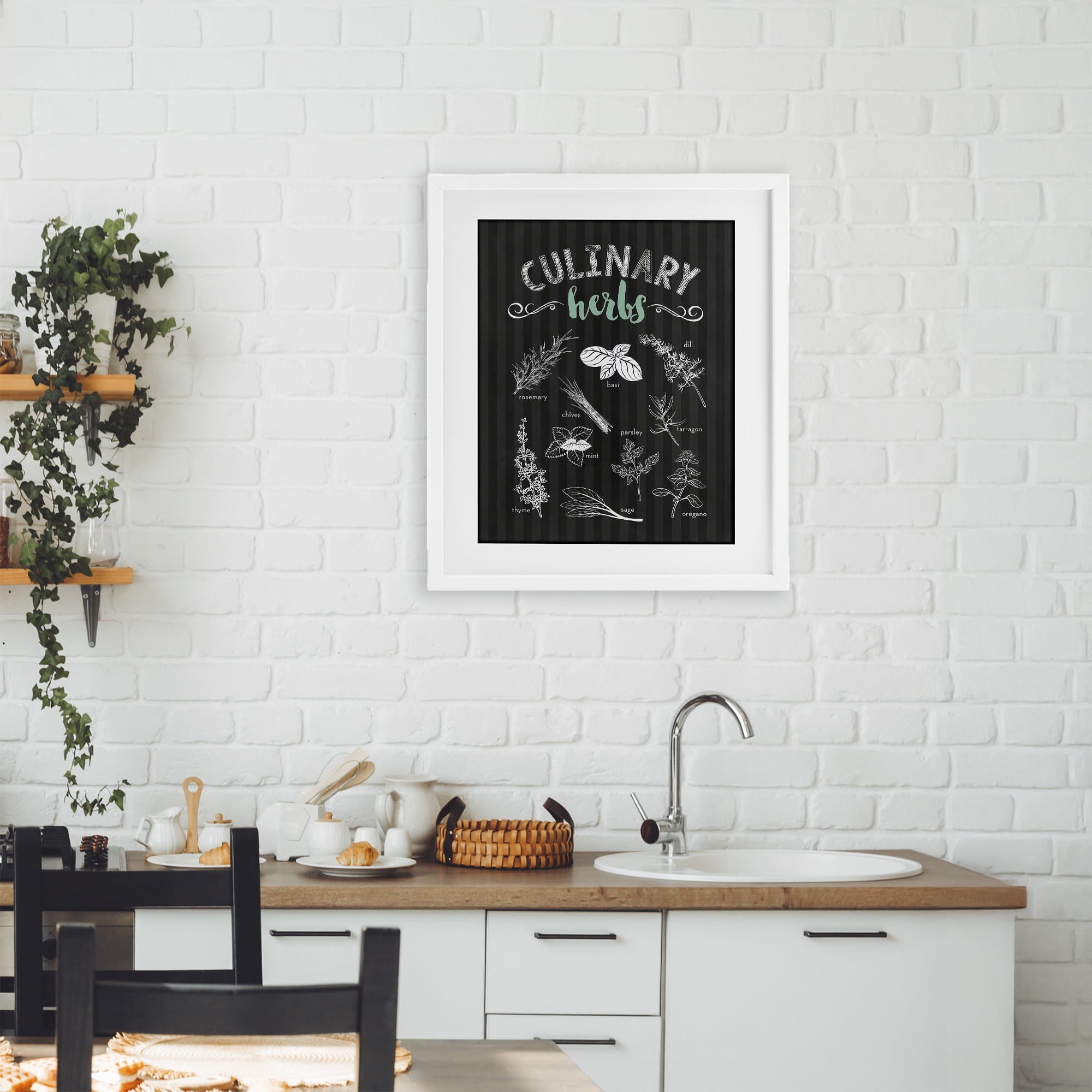 Culinary Herbs on Stripes White Framed Print Under Glass, design by Lettered and Lined