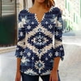 thumbnail image 2 of Women's Retro Tshirts Aztec Pullover Tunic Tops Button V Neck Pleated Shirt Flare 3/4 Sleeve Blouse, 2 of 5
