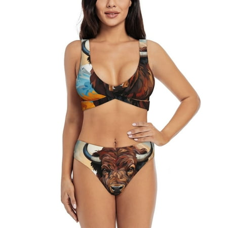 Zeuib Oil Painting Style Iceberg Yak High Waisted Tummy Control Bikini Set - Knot Front Push Up Top & Cheeky Thong Bottom  Two-Piece Swimsuit for Women-Large
