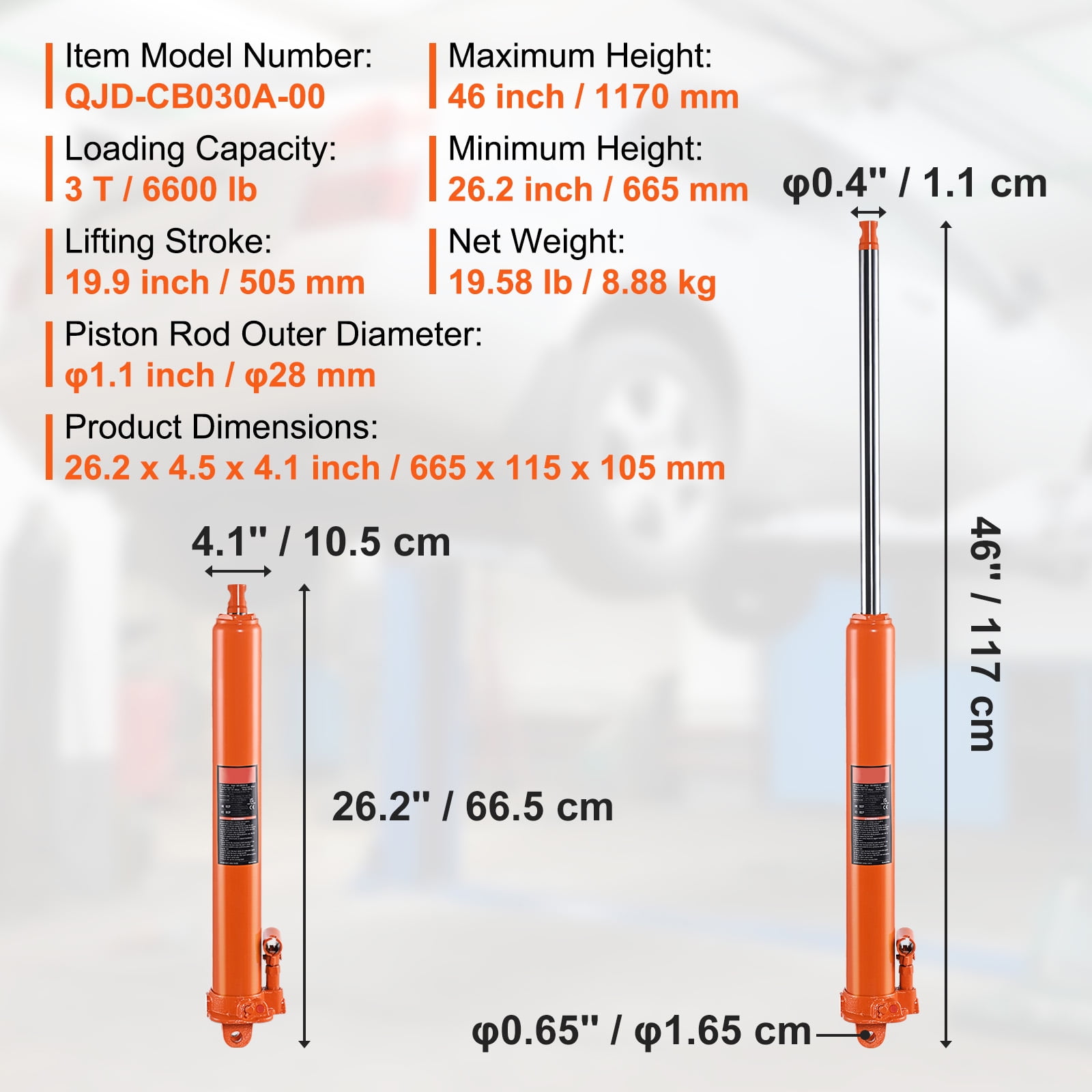 KFFKFF 3 Ton Hydraulic Long Ram Jack, Engine Hoist Cylinder with Single Piston Pump & Clevis Base, Suitable for Engine Lift Hoists, Garage/Shop Cranes, and Farm Mechanical Tasks
