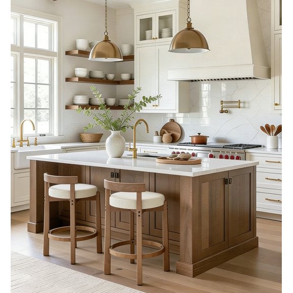 Guyou Counter Height Stools Set of 2, Mid Century Modern Armless Island Bar Stools with Curved Back and Wooden Frame, Round Kitchen Stools with Footrest for Restaurant Bar Kitchen Island, Beige