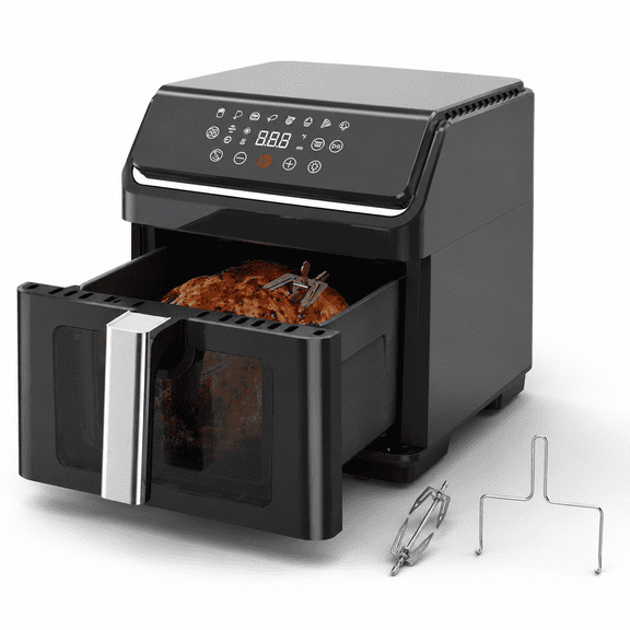 Black 9.0 Quart Air Fryer with Visible Window and Rotisserie Rack