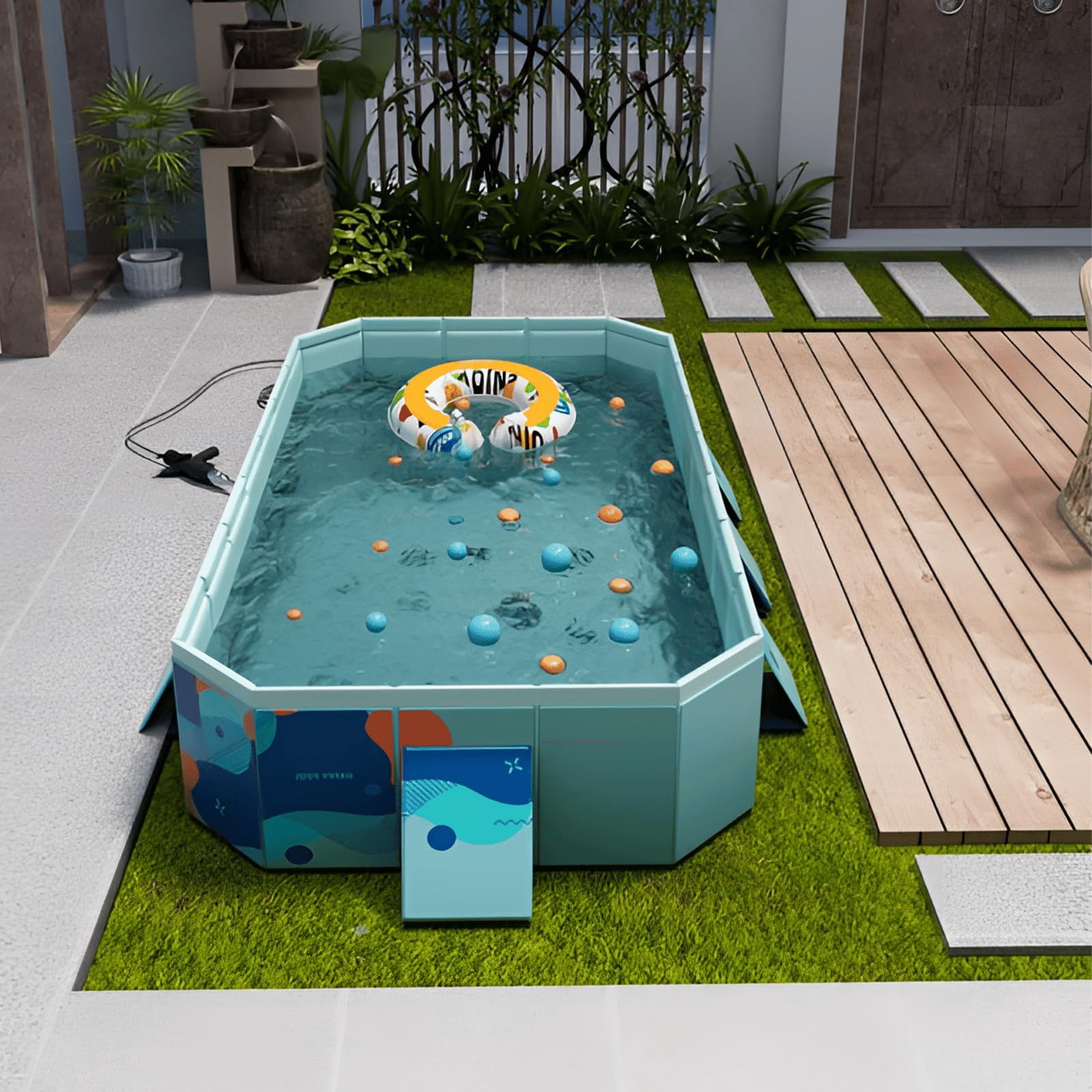 SHIBAILI Blue Non - Inflatable Family & Kids Swimming Pool with Metal Frame,Foldable (100×66×20 in)