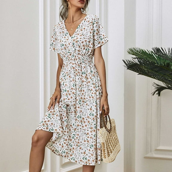 Abcnature Womens Short Sleeve V Neck Wrap Dress Floral Midi Sundress with Pockets Slim Dress White S