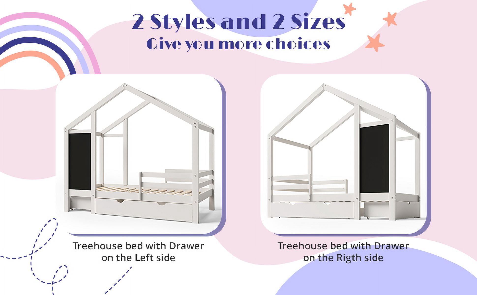 Bellemave Twin Size House Bed with Storage Drawers and Blackboard Playhouse Platform Bed with Guardrails and Wooden Slats Montessori Twin House Bed ,  Assembly Options, White