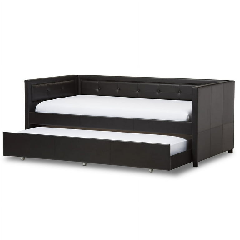 Baxton Studio Frank Modern and Contemporary Black Faux Leather Button-Tufting Sofa Twin Daybed with Roll-Out Trundle Guest Bed Baxton Studio Frank Modern and Contemporary Black Faux Leather Button-Tufting Sofa Twin Daybed with Roll-Out Trundle Guest Bed