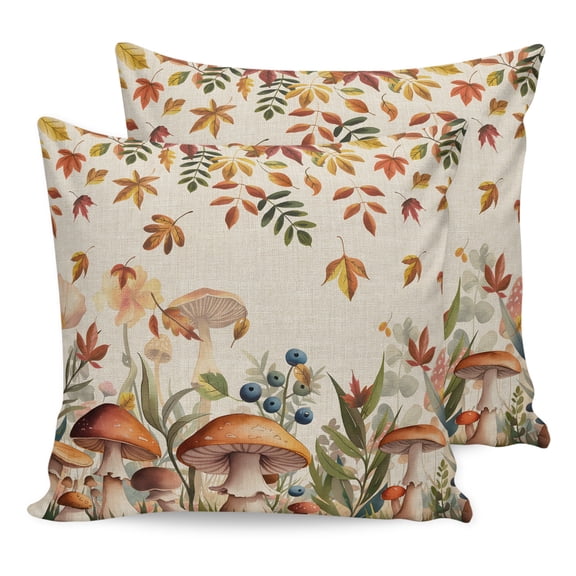 Pillow Covers 16x16 Set of 2, Thanksgiving Fall Leaves Throw Pillow Covers Decorative Couch Cushion Cover, Mushroom Beige Country Pastoral Microfiber Soft Pillowcases for Bedroom Living Room Sofa