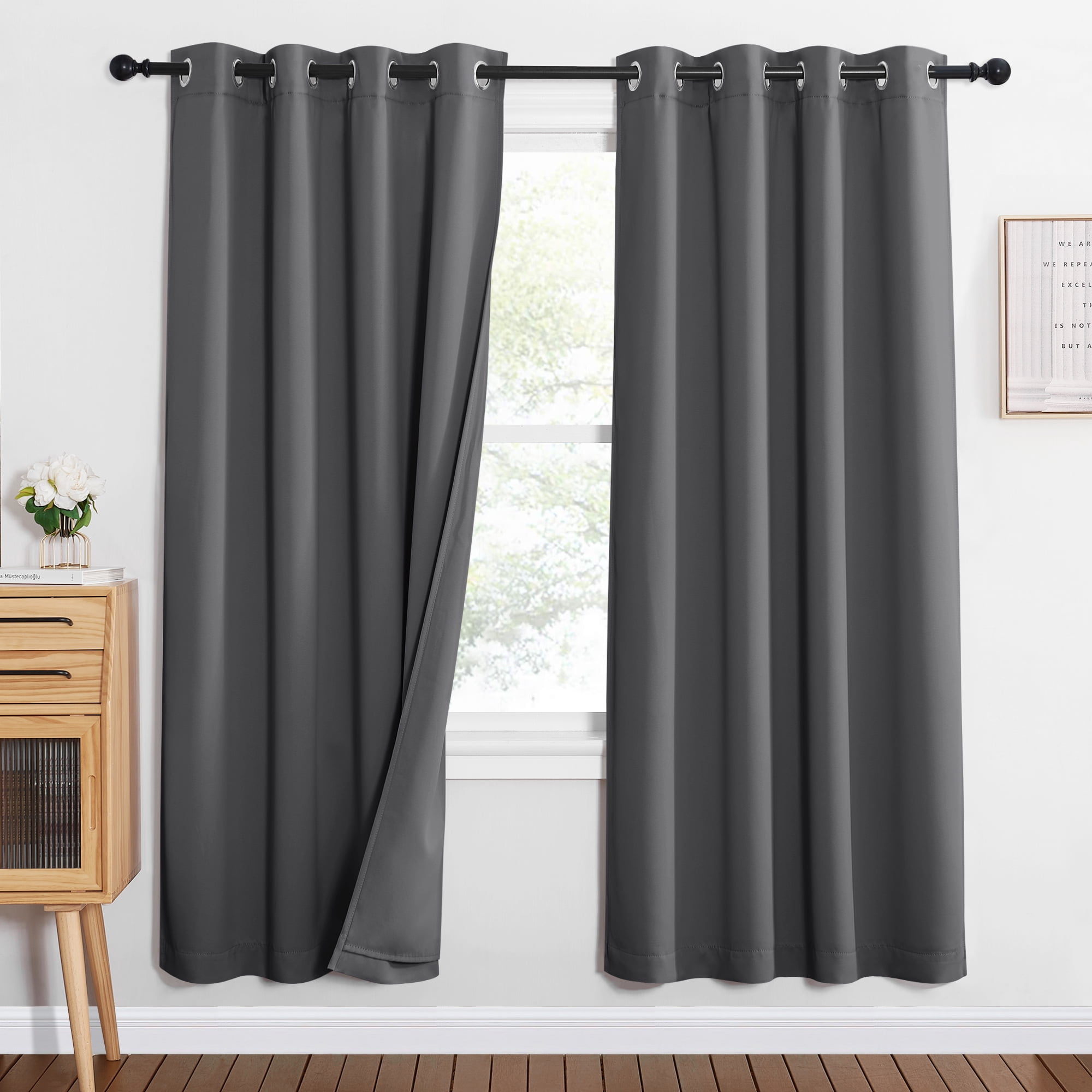 NICETOWN 100% Blackout Curtains for Bedroom, 3 Layers Noise Canceling Thermal Insulated Grommet Drapes, Inside Detachable Felt Liner Curtains, Grey, 52"x72", 2 Panels