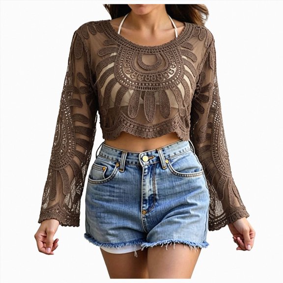 COMVALUE Women's Floral Embroidered Semi-Sheer Cover-Up Long Sleeve, Bohemian Lace Cape, Beach Sun-Protective Cover-Up Top (Khaki, One Size)