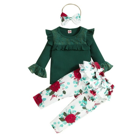 

3-24 Months Newborn Baby Infant Solid Color Long Sleeve Ruffle Romper+ Floral Pants+ Headband Clothes Outfits Sets-3PC Green 18-24 Months